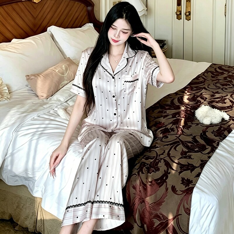 条纹波点冰丝睡衣女款夏新款高级感短袖三件套外穿家居服带胸垫