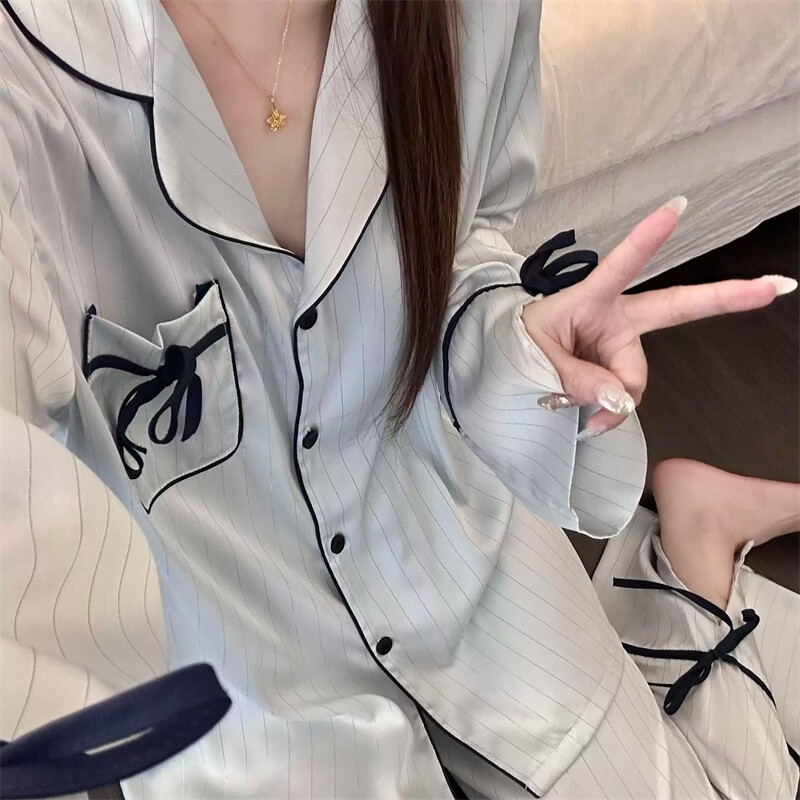 韩版条纹冰丝绸睡衣女款秋春季高级感缎面大码长袖长裤家居服套装