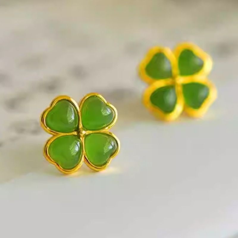 正品925银镶和田碧玉四叶草耳钉女简约优雅耳饰女礼物耳环带证书