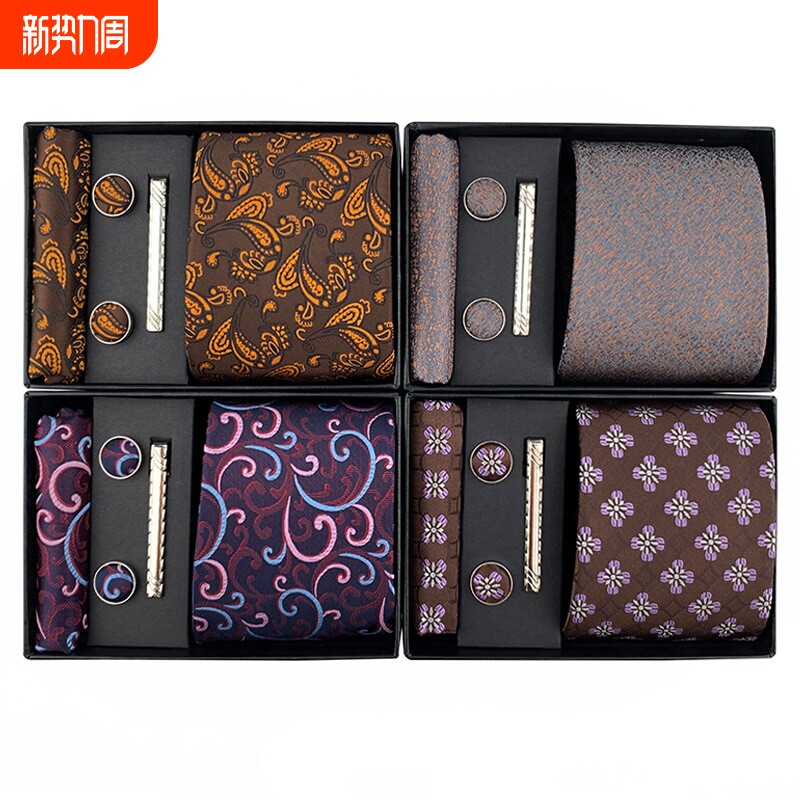 2025佩斯利男士领带方巾袖口领带夹礼盒套装商务休闲领带黑色礼盒