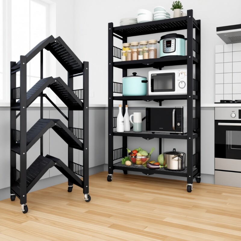 免安装厨房折叠置物架多层落地式整理架小推车微波炉烤箱架收纳架