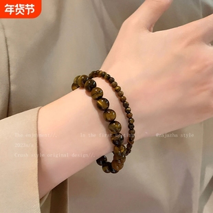 财神虎眼石手串女纯天然三面金黄招财手链男款情侣礼物纯银手工