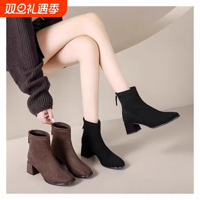 法式绒面短筒高跟靴|千人加购