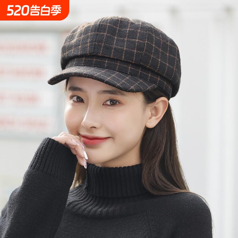 贝蕾帽女秋冬2024帽子八角帽画家大脸英伦韩版软顶短檐格子鸭舌帽