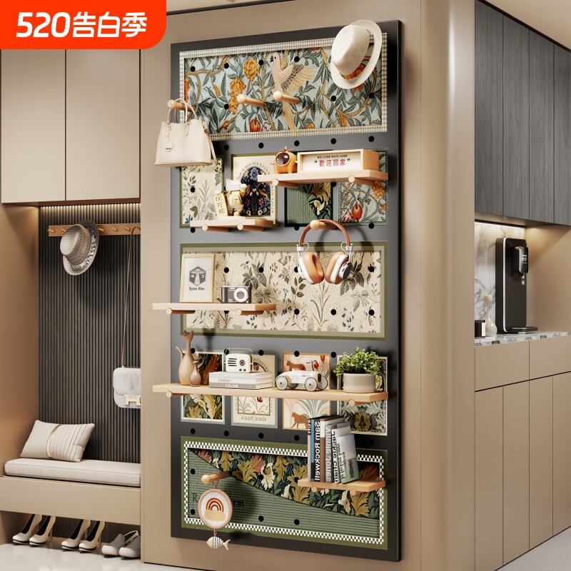 洞洞板置物架门后免打孔钥匙挂钩隔板造型墙入户玄关实木展示架