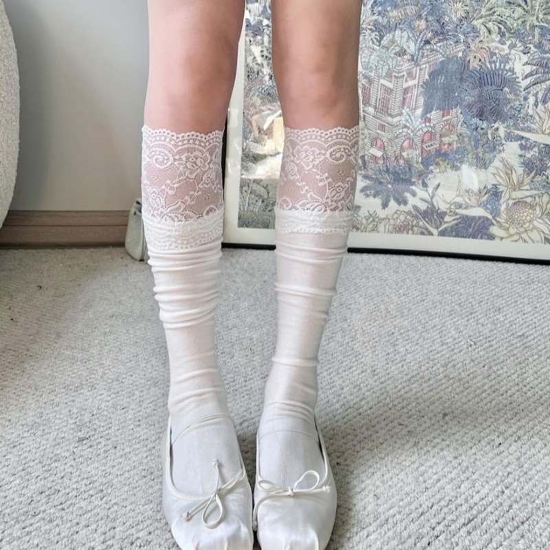 过膝袜子女长筒袜搭配靴子春秋堆堆袜白色显瘦大腿袜蕾丝高筒袜