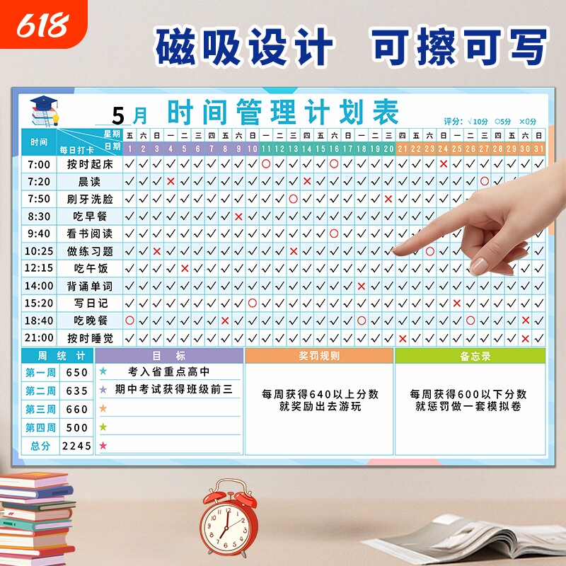 磁性月计划表好习惯养成打卡记录表磁吸每日打卡作息时间表小学生每日学习时间管理打卡神器初中自律打卡墙贴