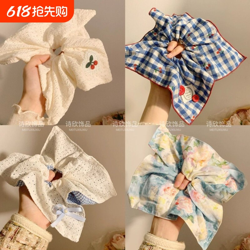 韩系蓝色格子方巾大肠发圈女方形头绳高级感慵懒风扎头发大号发饰