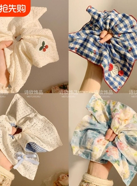 韩系蓝色格子方巾大肠发圈女方形头绳高级感慵懒风扎头发大号发饰