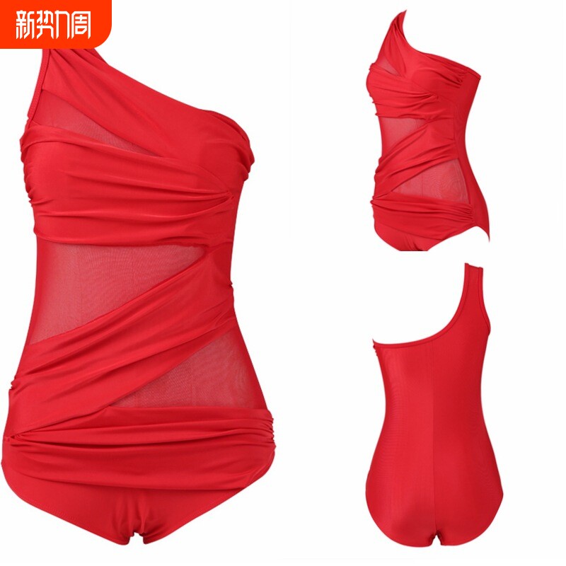 延朋 新款外贸斜网纱加肥加大泳装欧美连体比基尼泳衣女大码泳衣