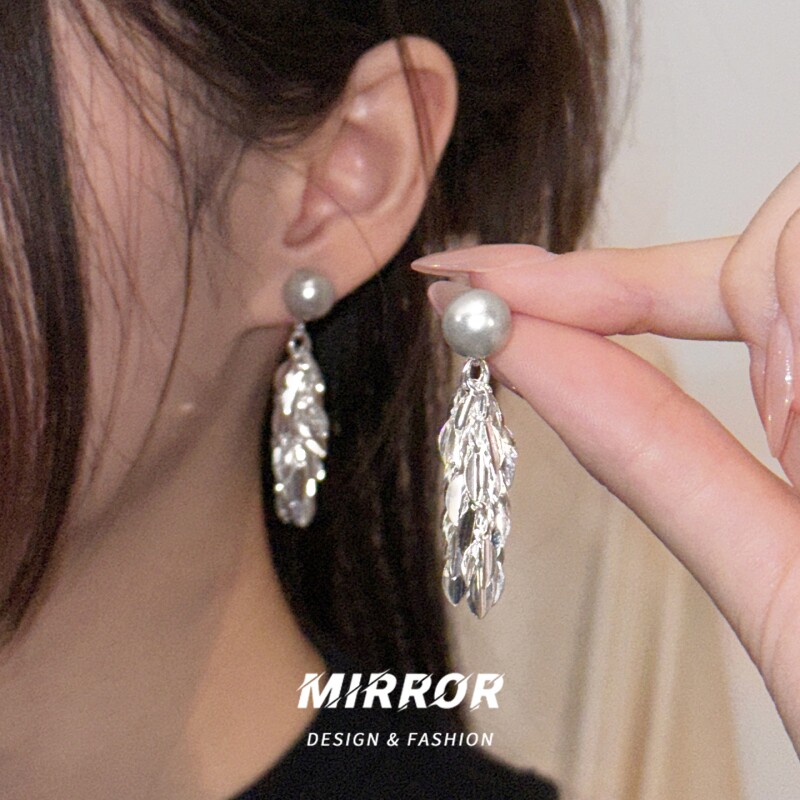 小麋人925纯银耳针叶片流苏珍珠耳钉女耳环耳饰气质时尚新款流行