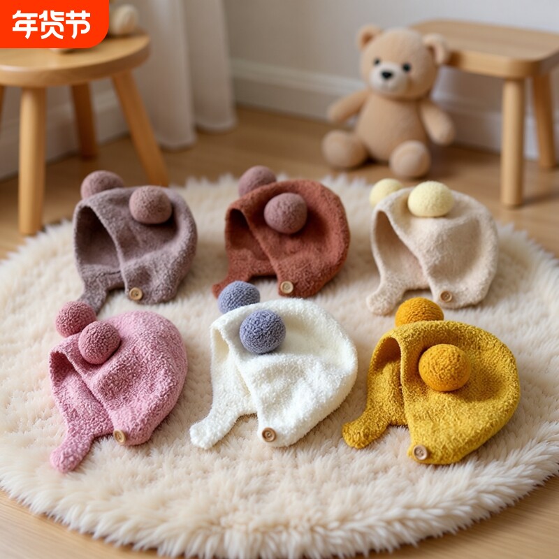 婴儿帽子秋冬季小月龄可爱保暖男女宝宝护耳毛绒套头帽潮韩系黑色