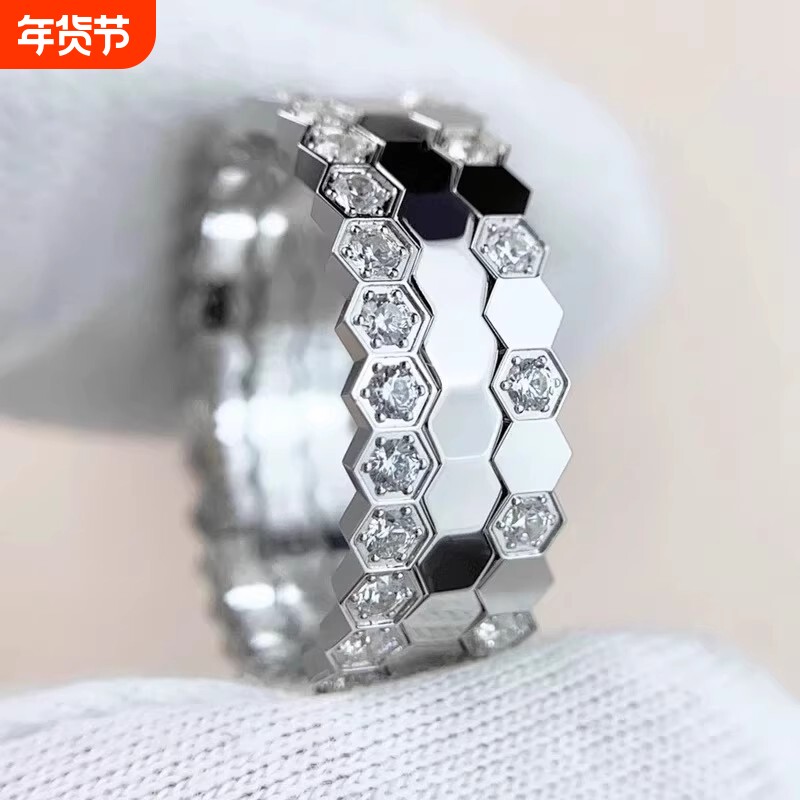 蜂巢戒指主钻镀18k蜂窝彩金指环韩版时尚饰品满钻情侣指玫瑰金