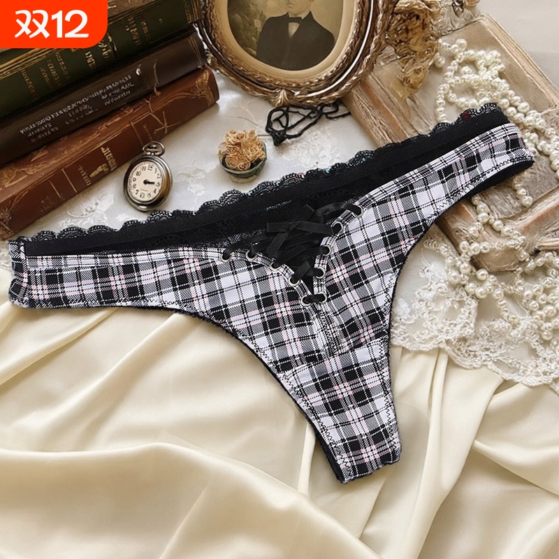 性感格纹丁字裤女蕾丝边绑带