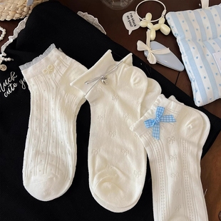 薄款 芭蕾风白色袜子女短袜ins潮纯棉夏季 日系jk蝴蝶结卷边中筒袜