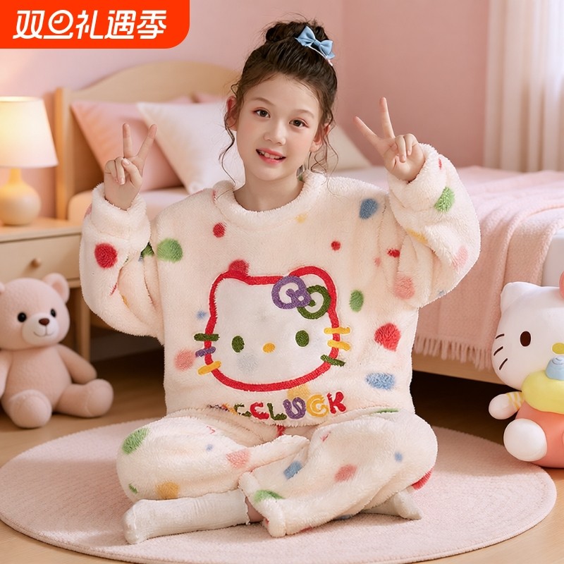 女童睡衣秋冬季法兰绒加厚保暖套装中大童珊瑚绒卡通KT亲子家居服