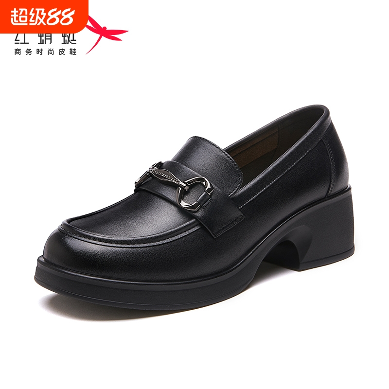 红蜻蜓乐福鞋老年妈妈皮鞋头层牛皮软底英伦风一脚蹬百搭软面女鞋