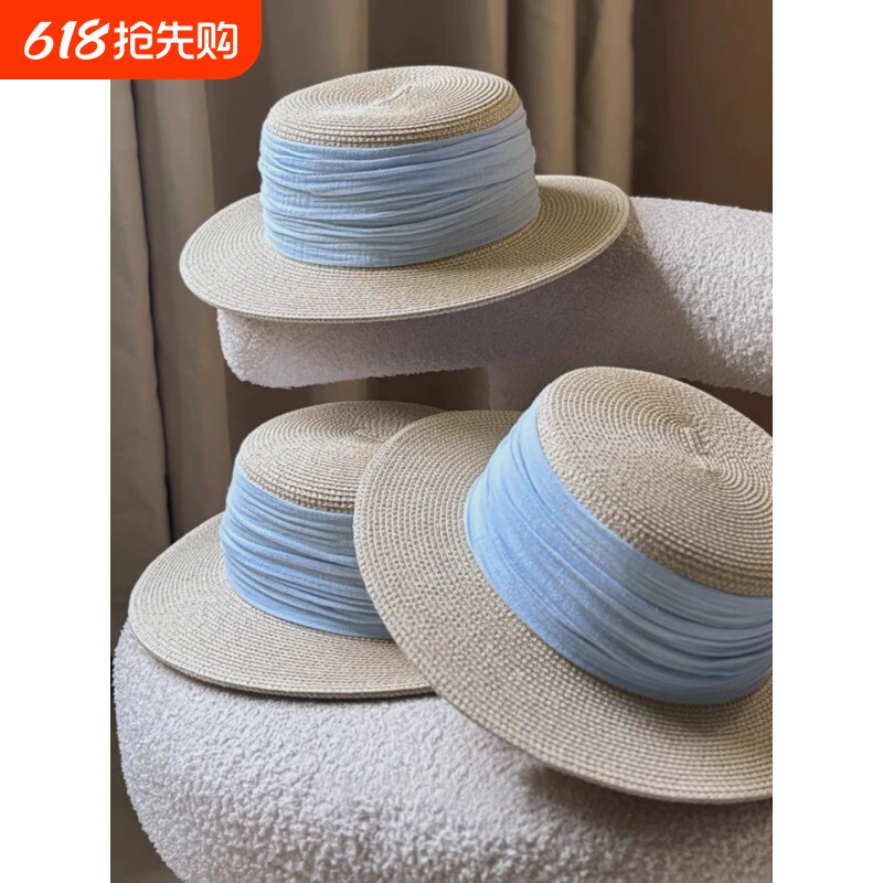 草帽子女夏季新款海边度假风草编平顶礼帽遮阳帽蓝色粉色可折叠