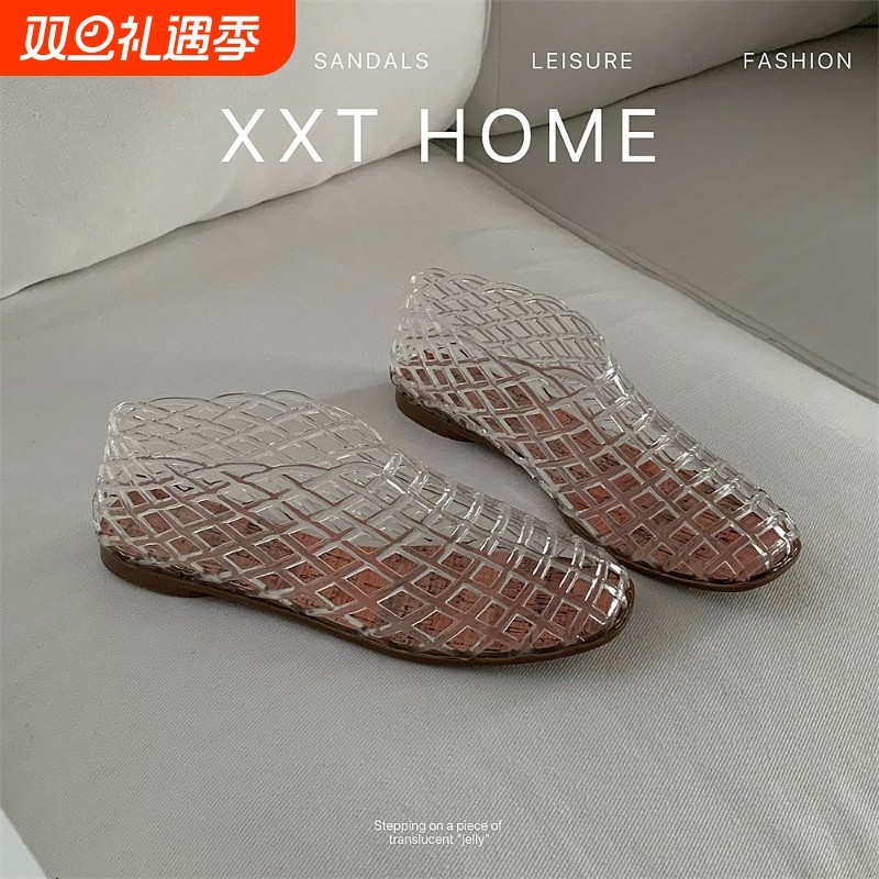 细细条 小众时尚欧美镂空网格平底凉鞋度假沙滩高级感渔网单鞋