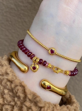 时尚轻奢风石榴石红色金珠手链休闲百搭女款叠戴手链