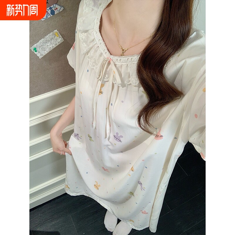 夏季甜美卡通兔子睡裙女云朵棉带胸垫一体高颜值连衣裙棉绸家居服