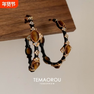 秋冬美拉德虎眼色耳圈小众设计轻奢显脸小方圆脸耳饰女耳环复古