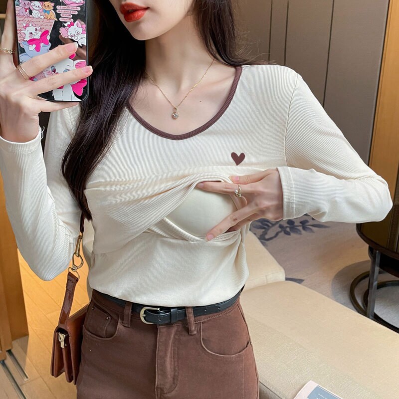 时尚哺乳T恤秋冬季打底纯棉外出显瘦喂奶打底上衣月子期服打底衫