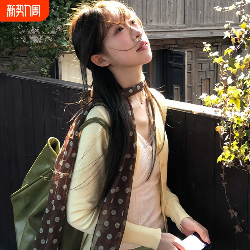 2026新款韩系波点玫瑰花丝巾女士复古高级感系脖长条薄款围脖发带