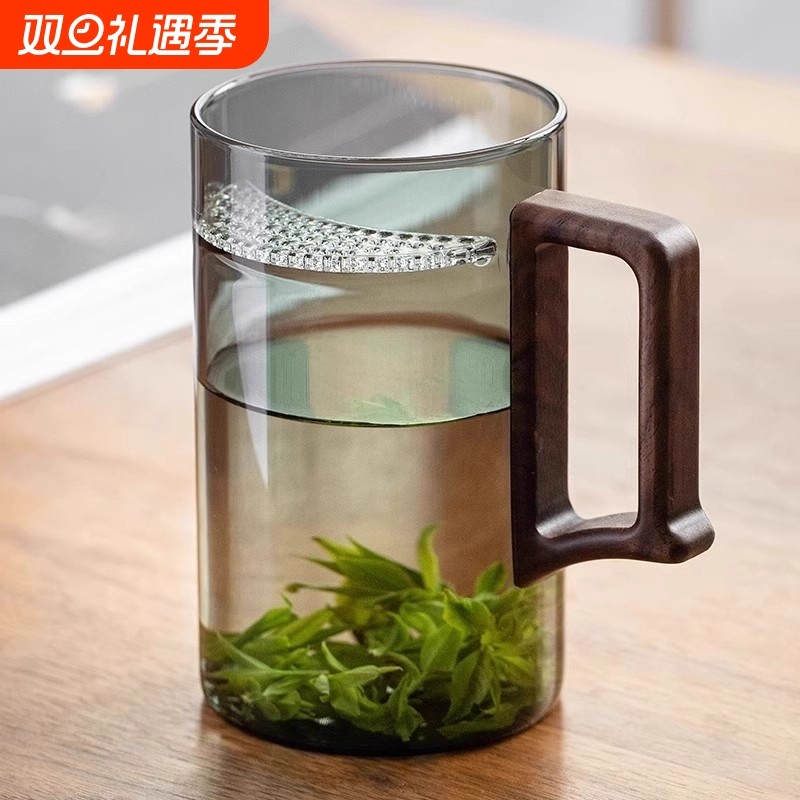 玻璃杯绿茶杯男士喝茶专用泡茶杯办公室喝水杯子防烫高硼硅月牙