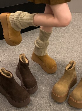 他她女孩勃肯短靴女2025冬新款毛毛小个子厚底保暖皮毛一体雪地靴