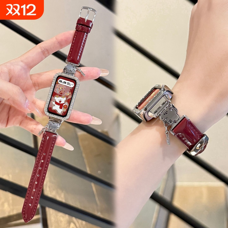 【持刀小狗】适用于华为手环10表带高级真皮 9红色亮面8轻奢镶钻壳7荣耀手环10/9金属拼皮红米手环2/3秋冬棕