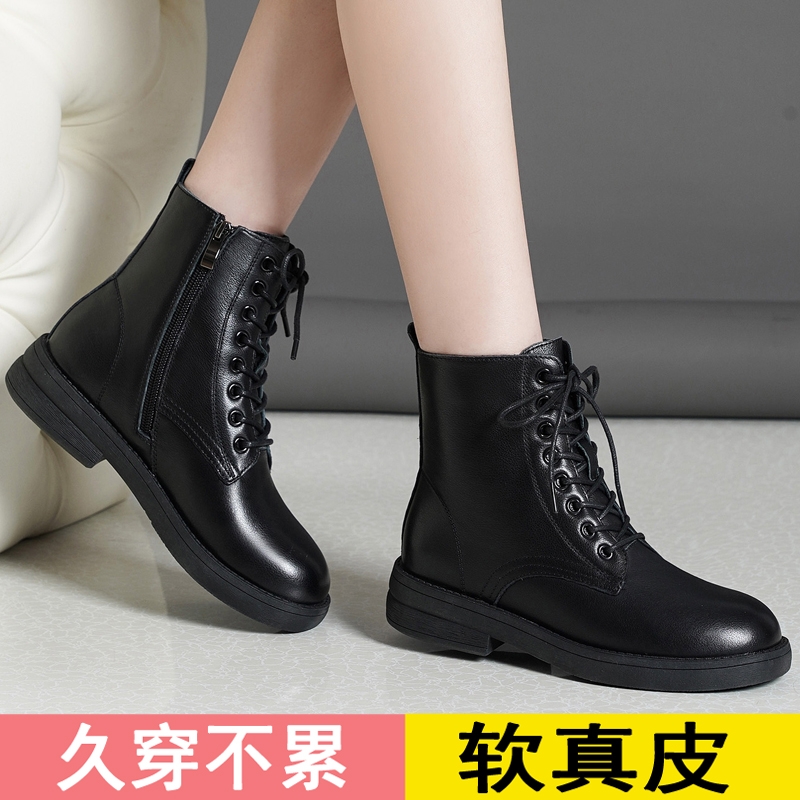 经典黑色马丁靴女鞋平底时尚小短靴春秋单靴软底软皮冬季加绒棉鞋