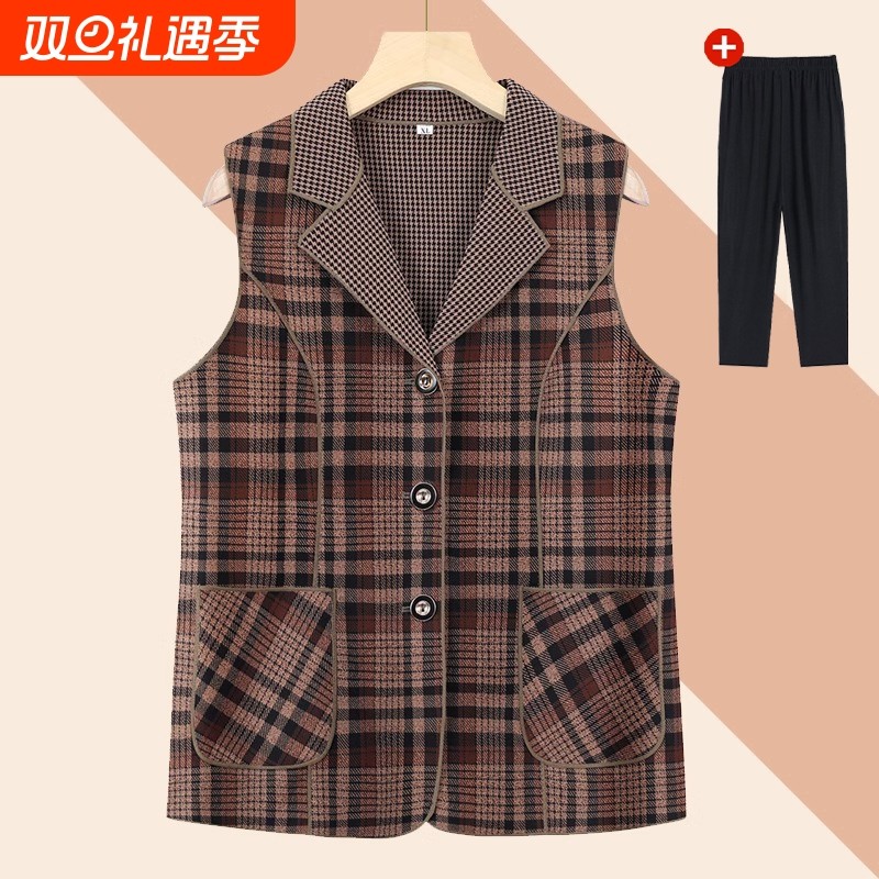 中老年人春秋格子马甲女奶奶秋装背心薄妈妈翻领洋气老人太太马夹