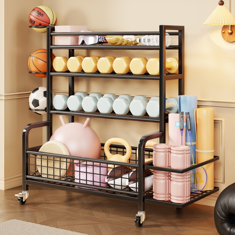 健身器材收纳架家用带轮可移动瑜伽垫收纳筐客厅大容量多功能架子