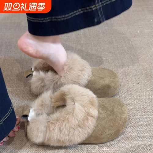 美拉德毛毛包头棉拖鞋女冬季新款2025厚底勃肯鞋加绒雪地棉靴防滑