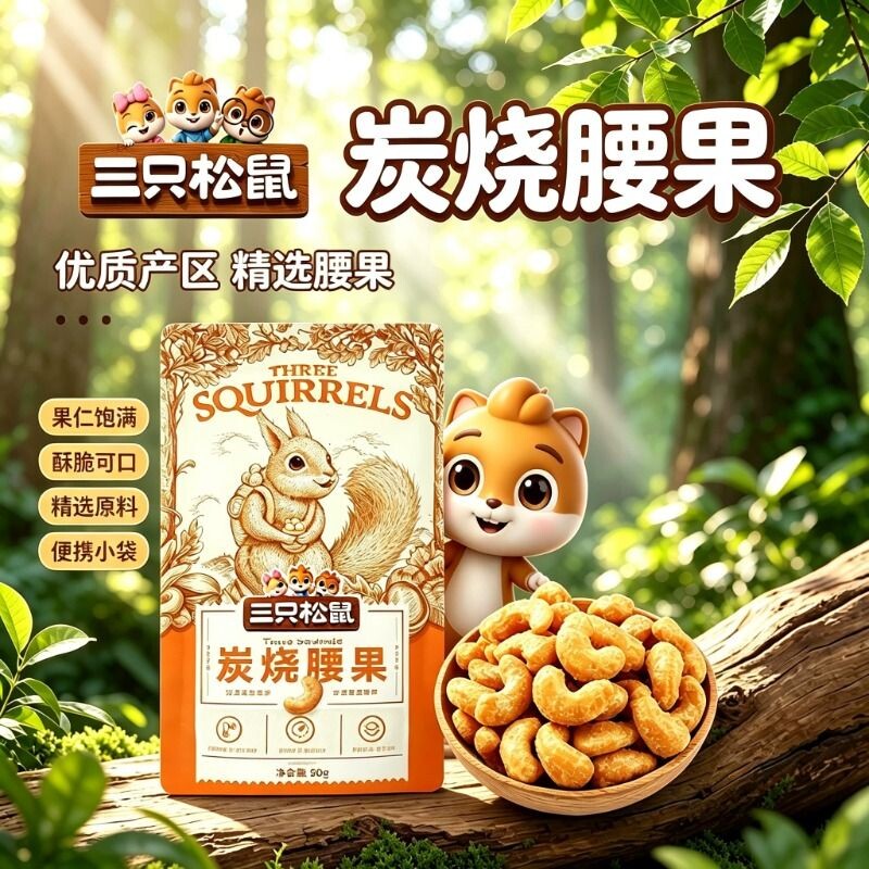 三只松鼠炭烧腰果90g/袋休闲零食坚果仁即食免剥干果香脆解馋零食