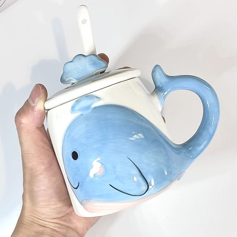 创意可爱鲸鱼水杯简约卡通马克杯情侣大容量杯子ins高颜值带盖勺