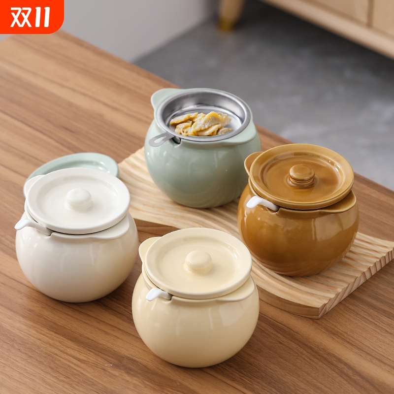 家用带盖耐高温陶瓷猪油罐厨房辣椒油罐油泼辣子专用调料盒带把手