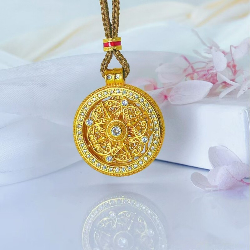 lisv镶钻八宝罗盘可转动项链圆形吊坠轻奢金色长款银链颈项链沙金