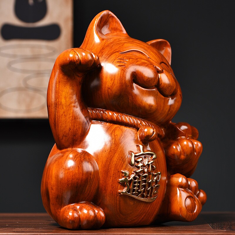 花梨木雕招财猫摆件实木雕刻店铺开业送礼品收银台家居发财猫客厅
