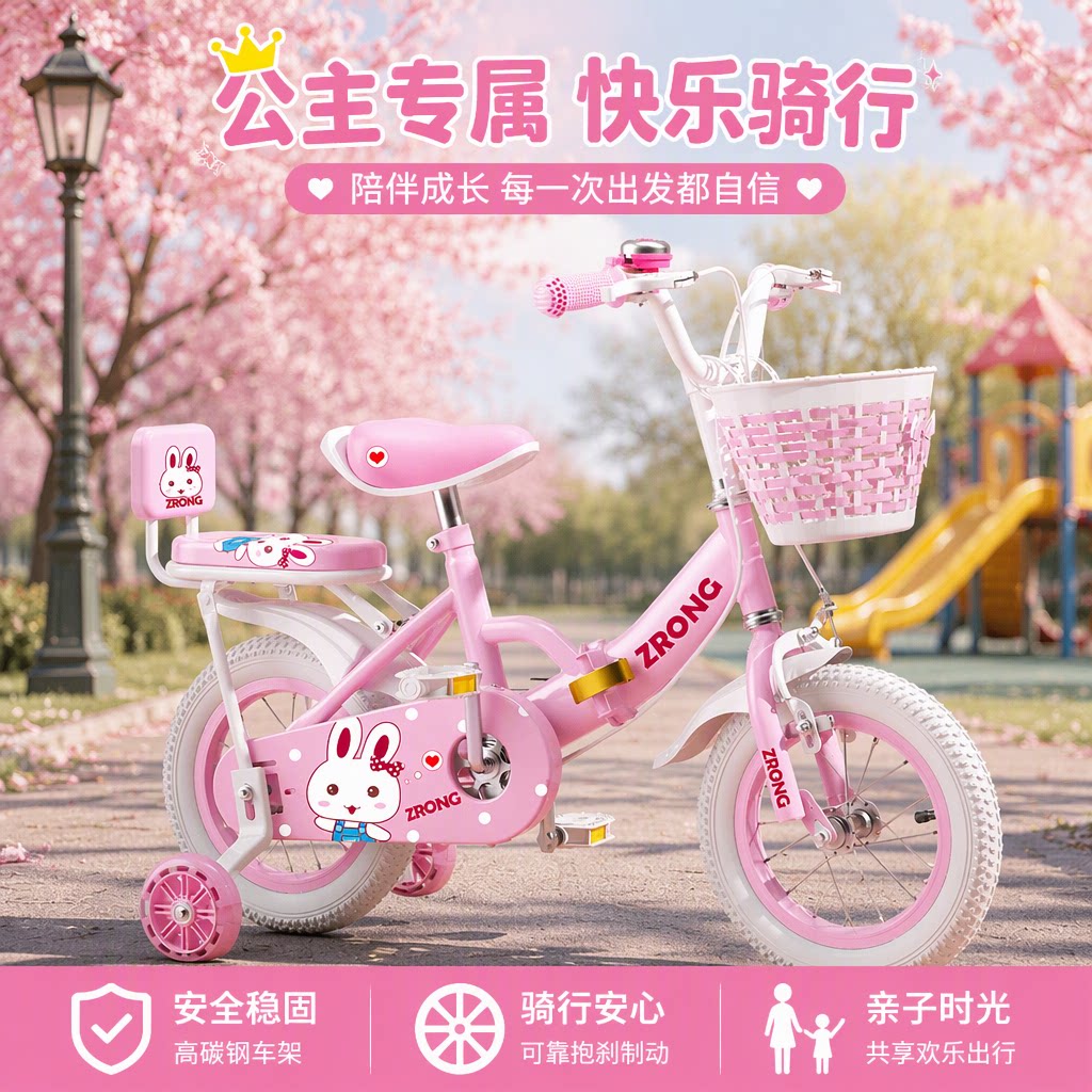 儿童自行车女孩3一6-8-9岁10公主款可折叠童车宝宝脚踏车带辅助轮
