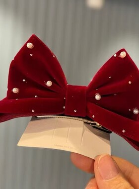 百搭酒红色蝴蝶结发夹在逃公主珍珠立体发圈新年女孩饰品黑色