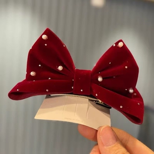百搭酒红色蝴蝶结发夹在逃公主珍珠蝴蝶结立体发圈新年女孩饰品