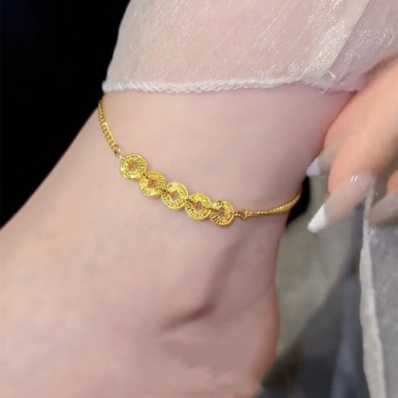 轻奢小众复古风金色五帝钱脚链女新中式碎碎冰金爆闪首饰精致饰品