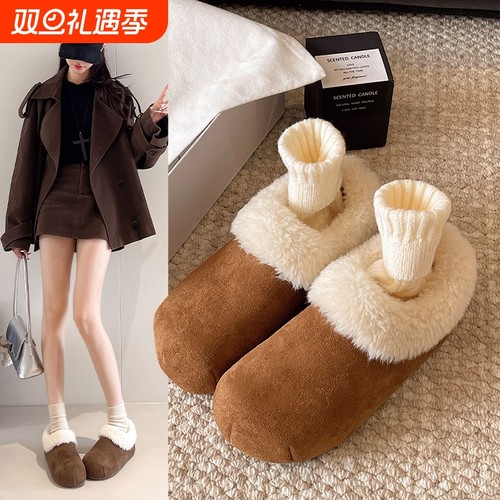 毛绒保暖内增高勃肯鞋女外穿2025冬新款加绒一脚蹬大棉鞋鞋子棕色