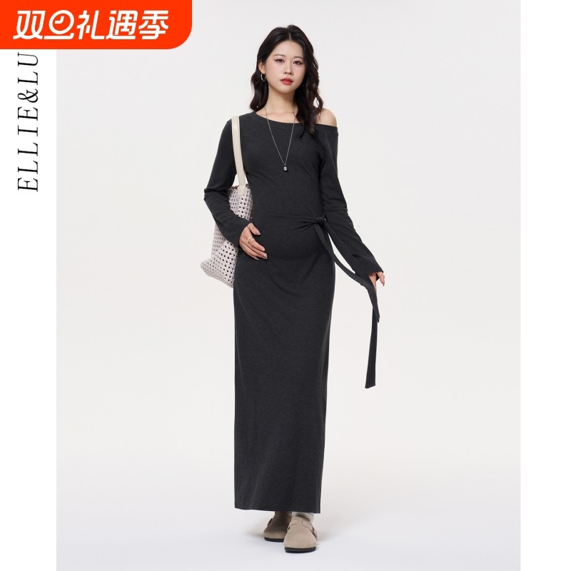 ellieluke孕妇裙秋季新款法式高级感穿搭斜肩绑带长款连衣裙