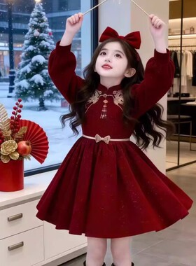 女中大童春秋新款红色加绒连衣裙