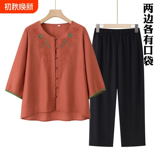 中老年女装夏季绵绸衬衫新款奶奶