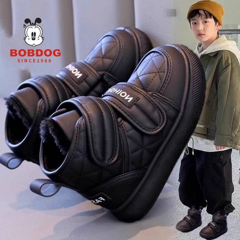 巴布豆儿童棉鞋冬季2025新款黑色儿童雪地靴加绒加厚男孩保暖棉靴
