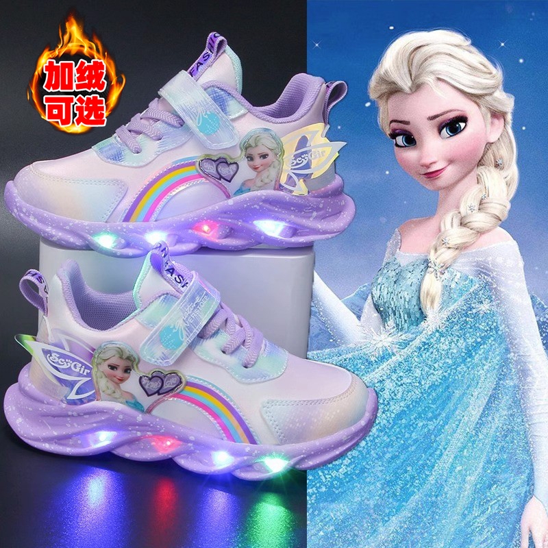 回力小子带灯女童鞋子2025春秋新款透气儿童运动鞋女孩爱莎公主鞋